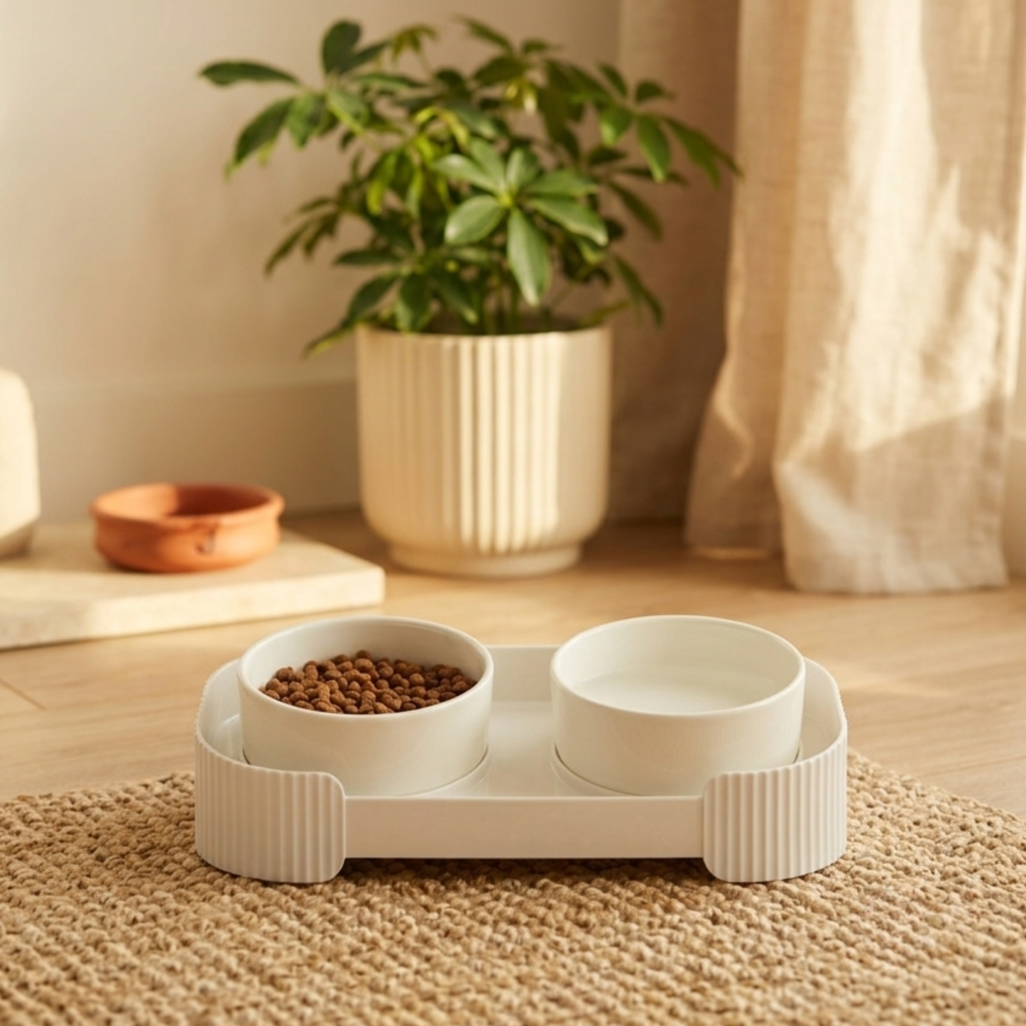 Dubbele voerbak | Keramiek met schuine stand | Kattenstijl